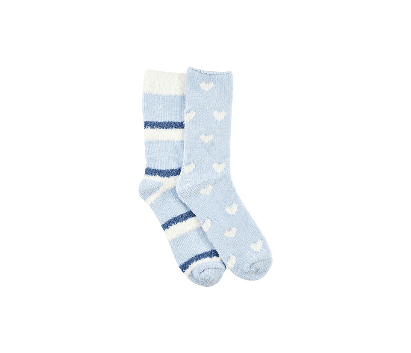 Women's Fluffy Chenille Crew Home Socks- Pack 2 - Fluffy Hearts &amp; Stripes