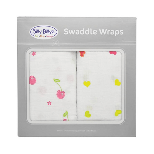 SILLY BILLYZ MUSLIN SWADDLE WRAP 2PK CHERRY DELIGHT