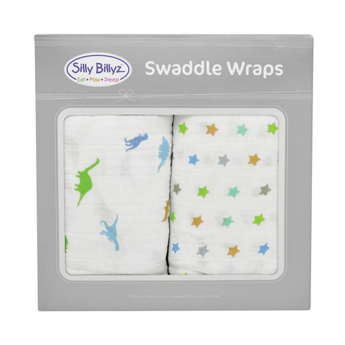 SILLY BILLYZ MUSLIN SWADDLE WRAP 2PK SET DINOSTAR