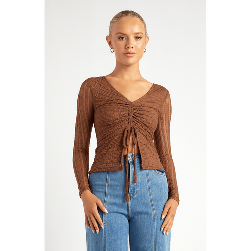 Front Drawstring Detail Stretch Lace Top (WTO538-3A)