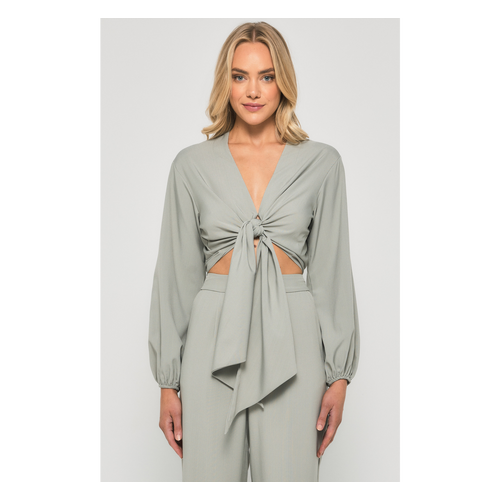 Textured Top With Front Tie Details And Bubble Sleeves (STO355-5A)