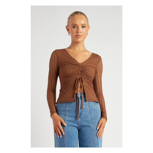 Front Drawstring Detail Stretch Lace Top (WTO538-3A)