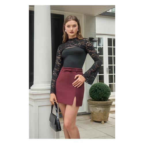 Contrast Fabric Mock Neck Lace Top with Bell Sleeves (WTO631B)