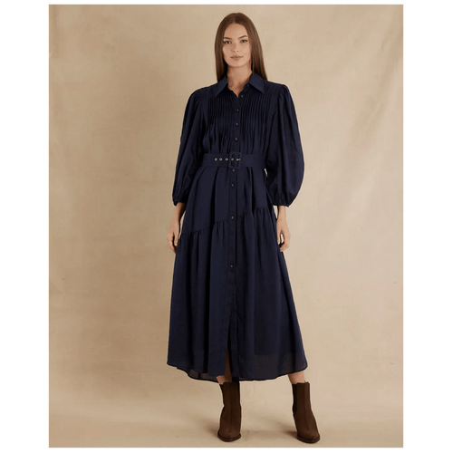 Amelius Poeta Ramie Pintuck Belted Dress - Navy