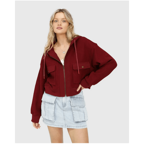 belle &amp; bloom Fireside Cropped Utility Zip Jacket - Burgundy
