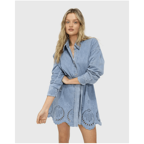 belle &amp; bloom Sunday Somewhere Denim Broderie Mini Shirt Dress - Stonewash