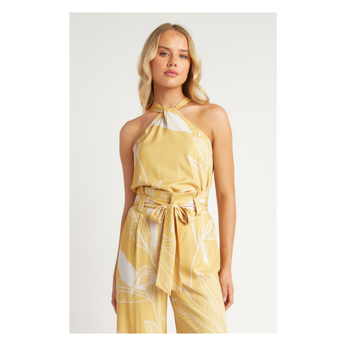 Leaf Print Halter Neckline Top (STO760B)