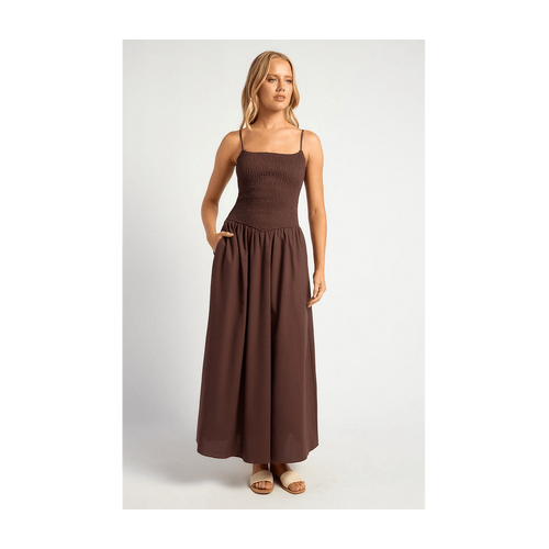 Cotton Linen Shirred Bodice V Waist Midi Dress (SDR1711-2B)