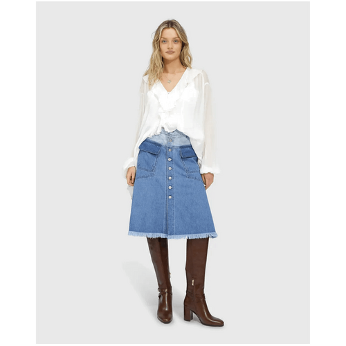 belle &amp; bloom Let Me Wander Button Front Denim Midi Skirt - Stonewash