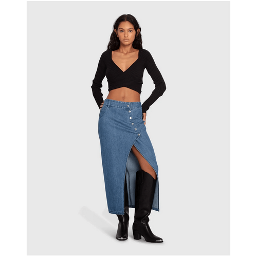 belle &amp; bloom Can't Forget You Denim Midi Skirt - Mid Wash