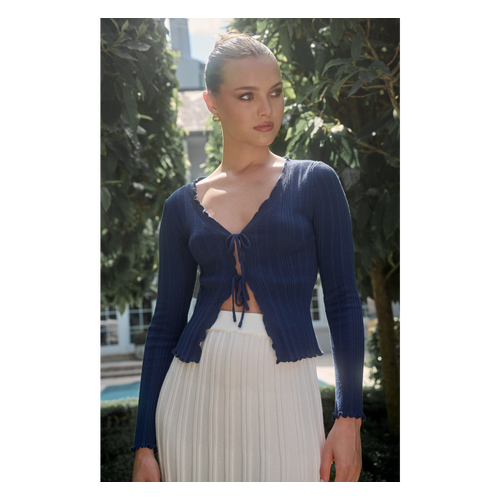 Double Front Tie Lettuce Edge Detail Knit Top (WKN766)