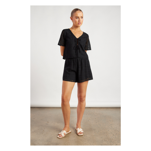 Patchwork Lace Double Front Tie Top And Shorts Set (WSE384A)