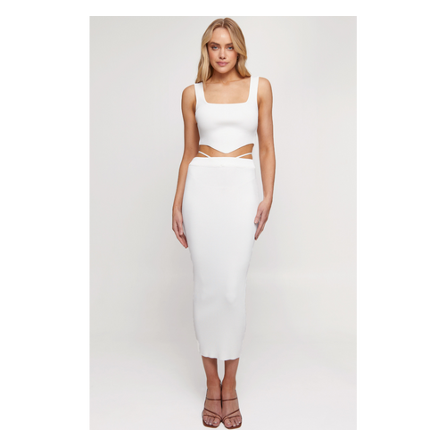 Knit Set with V Hem Top and Midi Skirt with Tie Detail (WKN497)