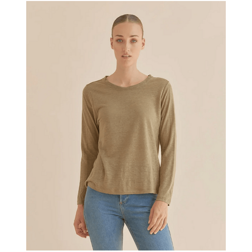 Amelius Priya Long Sleeve Linen Jersey Top - Khaki