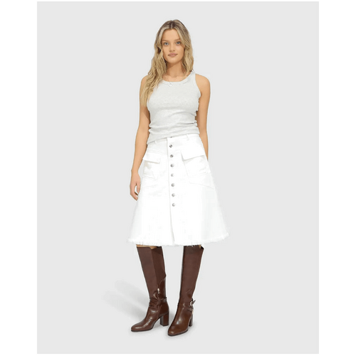 belle &amp; bloom Let Me Wander Button Front Denim Midi Skirt - Off White
