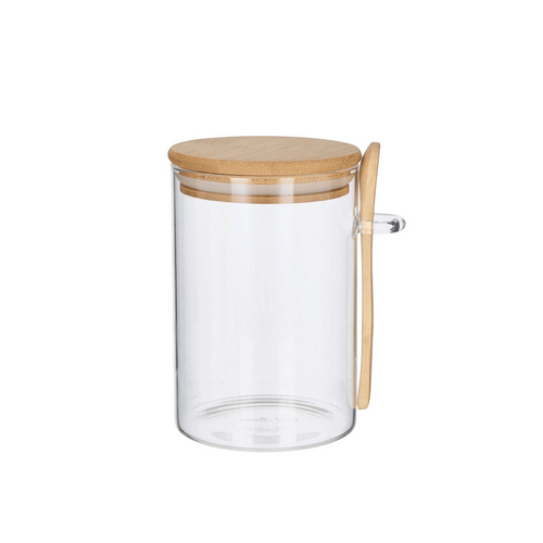 Leaf &amp; Bean Small Glass Canister with Spoon Natural