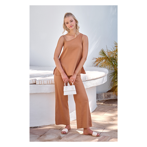 Linen Blend Asymmetric Neckline Long Top (WTO518A)