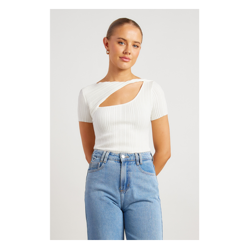 Short Sleeve Twist Neckline Cut Out Detail Knit Top (WKN719)