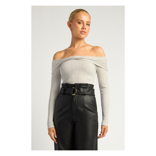 Off Shoulder Front Twist Textured Rib Knit Bodysuit (SKN927)