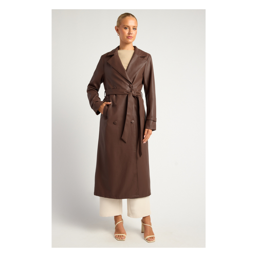 Faux Leather Double Breasted Longline Trench Coat (WJT243B)