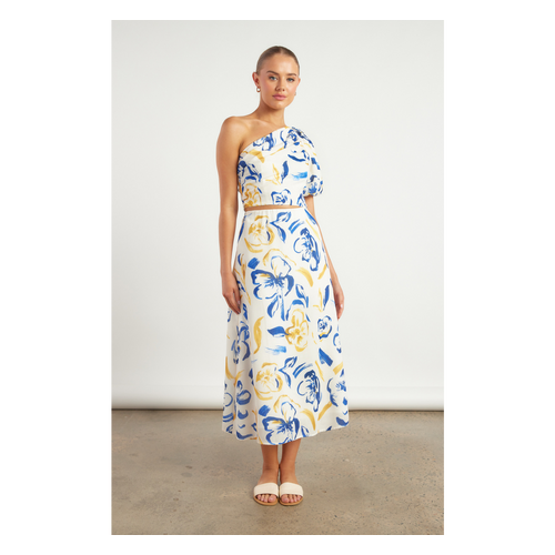 Faux Linen Printed Set with One Shoulder Top and Skirt (WSE316A)