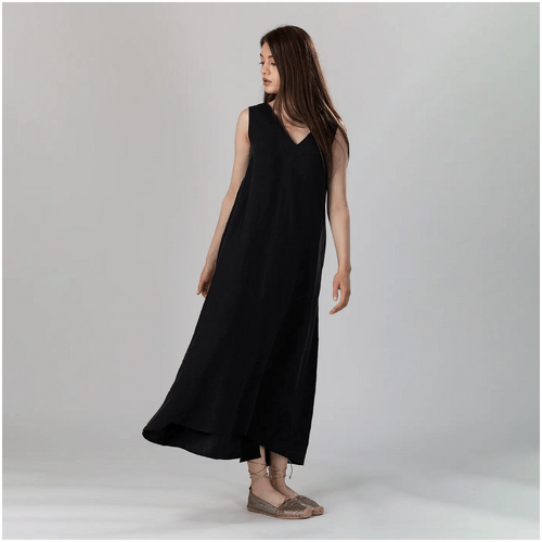 Knotium Ciel Maxi Flared Sleeveless Linen Dress with Belt
