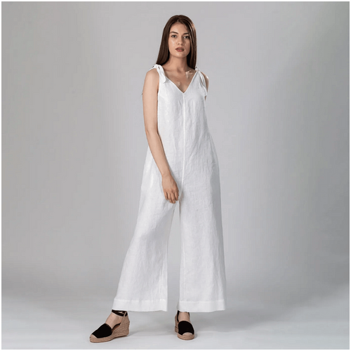 Knotium Eleni Wide Leg Linen Jumpsuit with Side Pockets and Belt