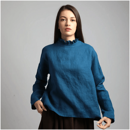 Knotium Joan Ruffle Neck Linen Blouse: Boxy Long Sleeve Boho Shirt
