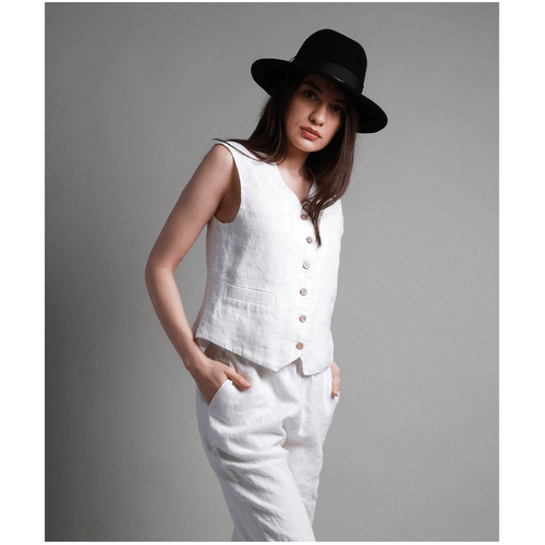 Knotium Eve Loose Tailored White Linen Waistcoat For Women