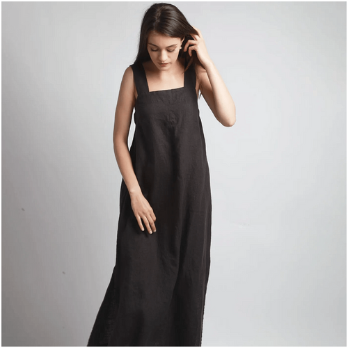Knotium Kara Long Wide Strap Linen Dress with Belt