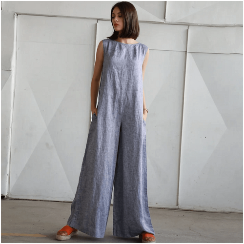 Knotium Chloe Loose Maxi Sleeveless Linen Jumpsuit with Back V-Neck