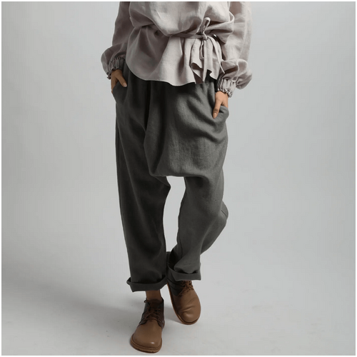 Knotium Yuna Drop Crotch Relaxed Cropped Linen Pants in Heavy Weight