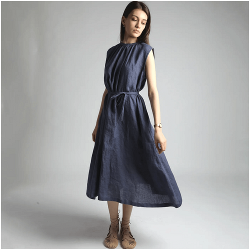 Knotium Viva Midi Flared Linen Dress with Gathered Neck