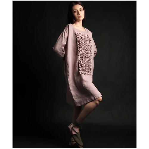 Knotium Pom Pom Midi Linen Dress with Front Ruffles