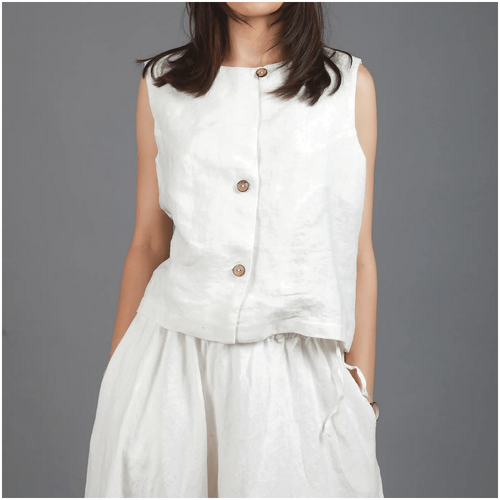 Knotium Nora White Loose Fit Linen Waistcoat For Women