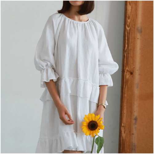 Knotium Ina Peasant Style Midi Linen Dress with Ruffles