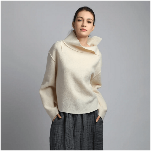 Knotium Alice Cropped Loose Boiled Wool Jumper with Stand Up Collar