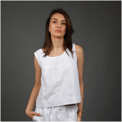 Knotium Mona Sleeveless Cropped Wide Linen Tank Top