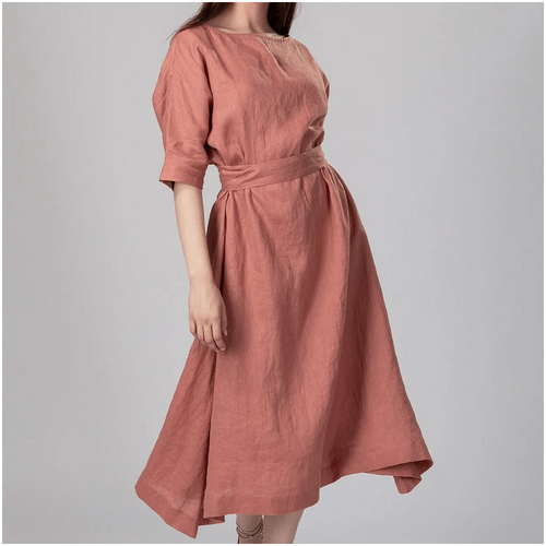 Knotium Flow Loose Flared Dropped Shoulder Linen Dress
