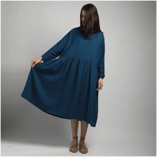 Knotium Eira Voluminous Drop Shoulder Gathered Linen Dress