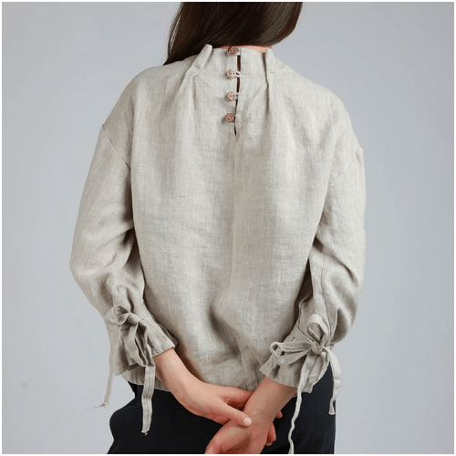 Knotium Yara Loose Linen Shirt with Neck Pleats and Sleeve Ties