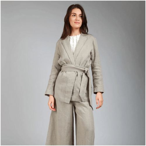 Knotium Her Buttonless Loose Linen Blazer with Belt and Pockets