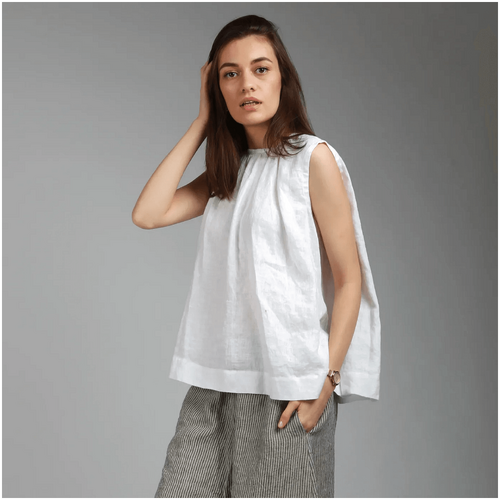 Knotium Viva Loose Flared Linen Top with Gathered Neck
