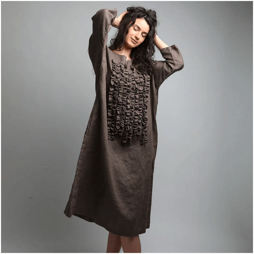 Knotium Pom Pom Maxi Boxy Linen Dress with Front Ruffles