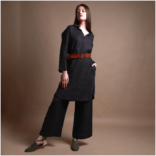 Knotium Jackie Knee Length Linen Shirt Dress with Pockets