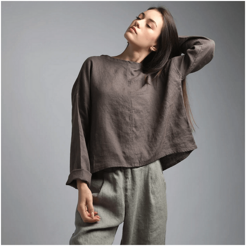 Knotium Amande Basic Long Sleeve Linen Blouse
