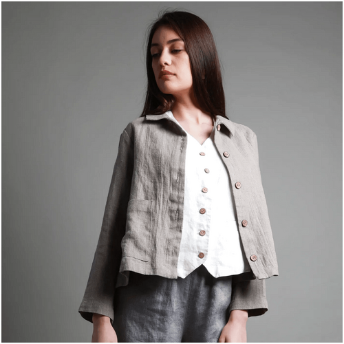 Knotium Toujours Cropped Button Down Linen Cardigan