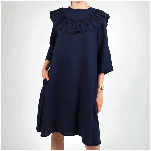 Knotium Kira Midi Linen Dress with Ruffle Detail