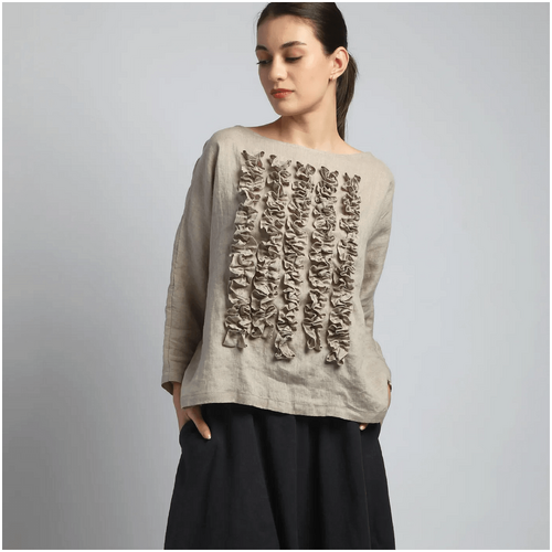 Knotium Pom Pom Linen Blouse with Front Ruffles