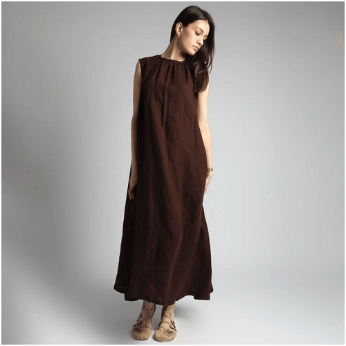Knotium Viva Maxi Flared Linen Dress with Shirred Neck